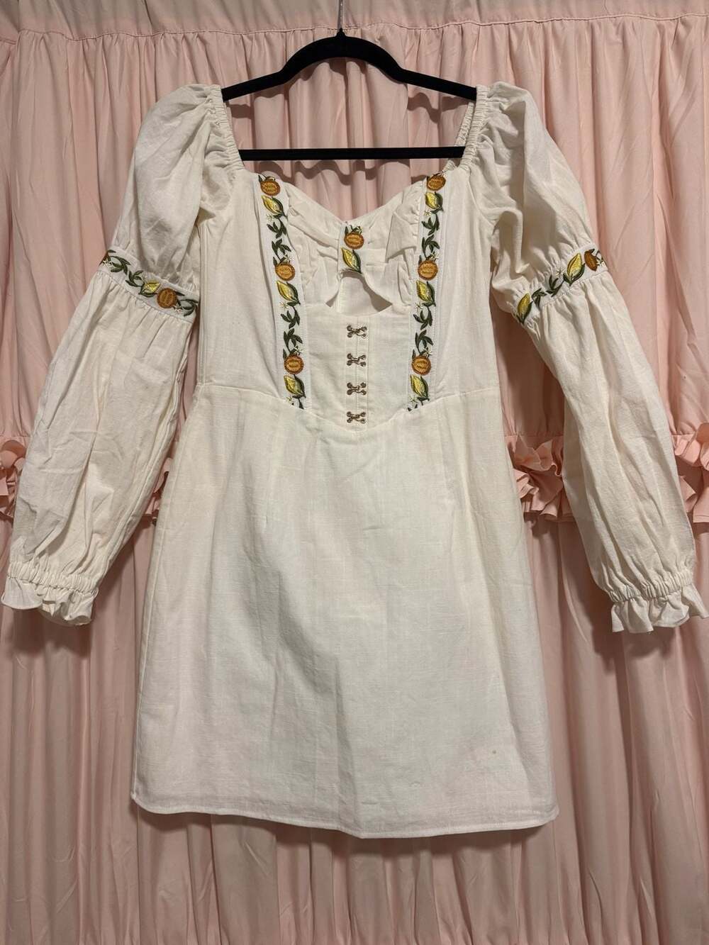 Sabo Luxe White Puff Sleeve Mini Dress with Lemon Embroidery Corset Detail